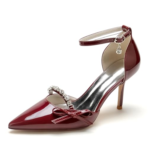 Gycdwjh Absätze für Frauen Geschlossenes Patent Leather Pumps Stiletto High Heels mit Strasssteine Bogen Spitze Zehen Abschlussball,Burgundy,35 EU von Gycdwjh