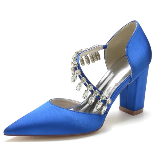 Gycdwjh Bequeme Brautschuhe Damen Spitze Zehen Sandalen Slip On Strasssteine Seide wie Satin Stämmiger Absatz Absatzschuhe Für Partys, Bankette, Hochzeiten,Royal Blue,37 EU von Gycdwjh