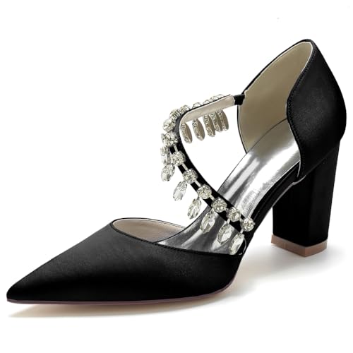 Gycdwjh Bequeme Brautschuhe Damen Spitze Zehen Sandalen Slip On Strasssteine Seide wie Satin Stämmiger Absatz Absatzschuhe Für Partys, Bankette, Hochzeiten,Schwarz,38 EU von Gycdwjh