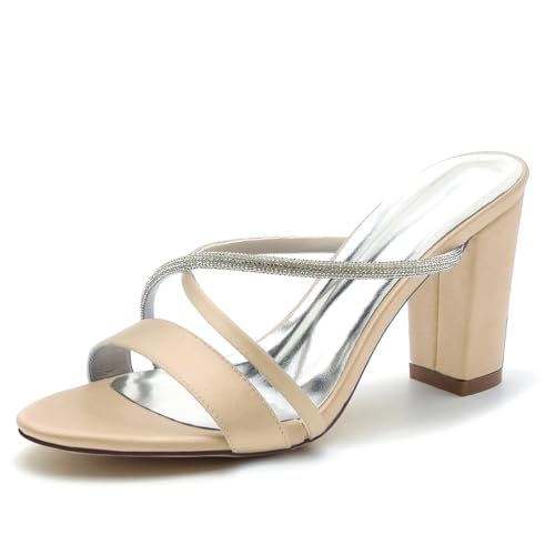 Gycdwjh Blockabsatz Hochzeits Schuhe fur Damen Schlüpfen Offene Abend Prom Party Sandalens mit Strass Satin Partei Abendschuhe,Champagne,41 EU von Gycdwjh