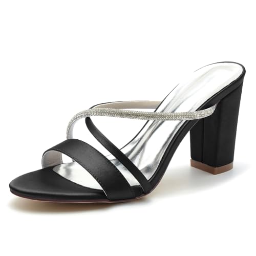 Gycdwjh Blockabsatz Hochzeits Schuhe fur Damen Schlüpfen Offene Abend Prom Party Sandalens mit Strass Satin Partei Abendschuhe,Schwarz,40 EU von Gycdwjh