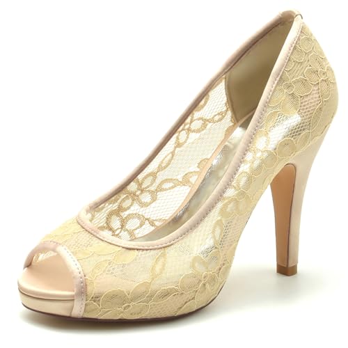 Gycdwjh Brautschuhe Damen Slip On Spitze Offener Zeh Hochzeitsschuhe 10cm High Heels Pumps Fischmaul Braut Hochzeit Schuhe,Champagne,40 EU von Gycdwjh