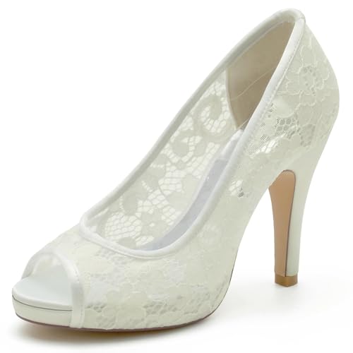 Gycdwjh Brautschuhe Damen Slip On Spitze Offener Zeh Hochzeitsschuhe 10cm High Heels Pumps Fischmaul Braut Hochzeit Schuhe,Elfenbein,39 EU von Gycdwjh