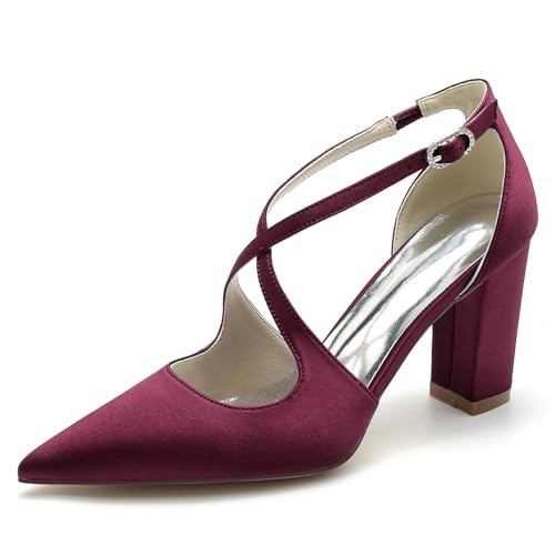 Gycdwjh Damen Abend Schuhe Kreuzriemen Knöchelriemen Satin Partei Abendschuhe Spitze Zehen Klobige Pumps Damen-Sandalen für Hochzeit,Burgundy,39 EU von Gycdwjh