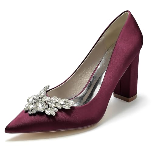 Gycdwjh Damen Blockabsatz Hochzeits Schuhe Abend Pumps Satin Slip On Hochfrontpumps für Hochzeiten Partys formelle Veranstaltungen,Burgundy,37 EU von Gycdwjh