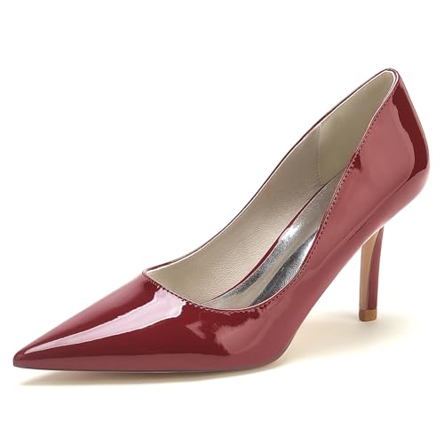 Gycdwjh Damen Brautschuhe Mit Pfennigabsatz Lackleder Absatzschuhe Partei Abendschuhe Slip On Spitz Zehen Pumps Sandalen 8.5cm,Burgundy,43 EU von Gycdwjh