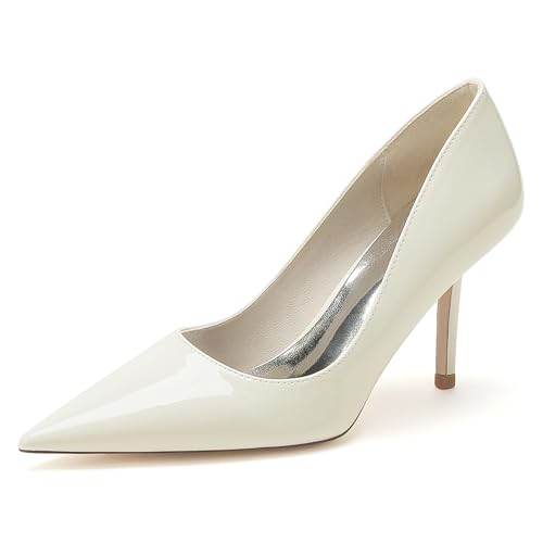 Gycdwjh Damen Brautschuhe Mit Pfennigabsatz Lackleder Absatzschuhe Partei Abendschuhe Slip On Spitz Zehen Pumps Sandalen 8.5cm,Off White,37 EU von Gycdwjh