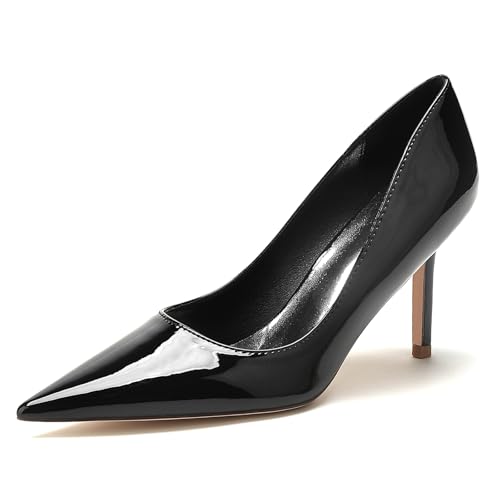 Gycdwjh Damen Brautschuhe Mit Pfennigabsatz Lackleder Absatzschuhe Partei Abendschuhe Slip On Spitz Zehen Pumps Sandalen 8.5cm,Schwarz,37 EU von Gycdwjh