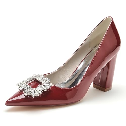 Gycdwjh Damen Chunky Block Heel Brautkleid Pumpschuhe Spitze Zehen Brautschuhe mit Strasssteine Slip on Arbeitskleid Büro Party Schuhe,Wine red,35 EU von Gycdwjh
