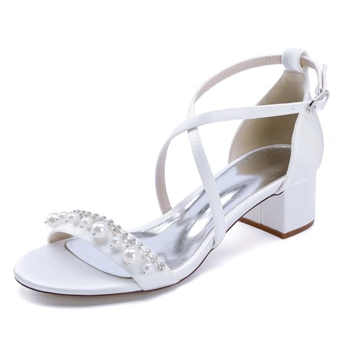 Gycdwjh Damen Hochzeit Einfarbig Hohe Blockabsatz Satin mit Kreuz Knöchelriemen Offene Spitze Kleid Pumps mit Perle Party Abschlussball Knöchelriemen Sandalen,Weiß,41 EU Gycdwjh Damen Hochzeit Einfarbig Hohe Blockabsatz Satin mit Kreuz Knöchelriemen Offene Spitze Kleid Pumps mit Perle Party Abschlussball Knöchelriemen Sandalen,Weiß,41 EU von Gycdwjh