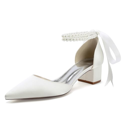 Gycdwjh Damen Hochzeit Satin Niedriger Blockabsatz Perle Knöchelriemen Kleid Schuhe Spitze Zehe Chunky Heel Brautschuhe Pumps,Elfenbein,36 EU von Gycdwjh