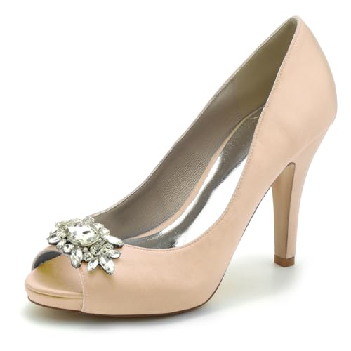 Gycdwjh Damen Hochzeitsschuhe 10cm Peep Toe Abschlussball Party Kleid Pumps Sandalen Slip On Kristall-Satin Braut Sommer Absatz,Champagne,41 EU von Gycdwjh
