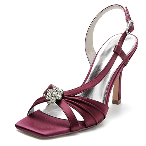Gycdwjh Damen Open Zehenkappe Stiletto Quadratischer Zehenpartie mit Strass Satin 9.5cm Pumps Slingback Slip On Braut Hochzeits Sandalen,Burgundy,42 EU von Gycdwjh