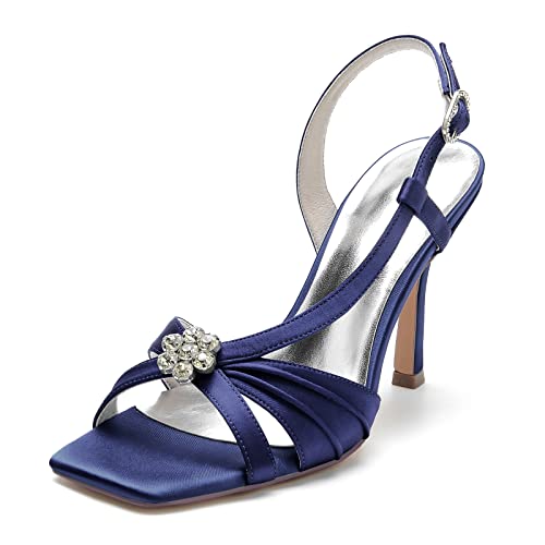 Gycdwjh Damen Open Zehenkappe Stiletto Quadratischer Zehenpartie mit Strass Satin 9.5cm Pumps Slingback Slip On Braut Hochzeits Sandalen,Dark Blue,42 EU von Gycdwjh