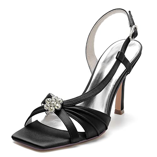 Gycdwjh Damen Open Zehenkappe Stiletto Quadratischer Zehenpartie mit Strass Satin 9.5cm Pumps Slingback Slip On Braut Hochzeits Sandalen,Schwarz,39 EU von Gycdwjh