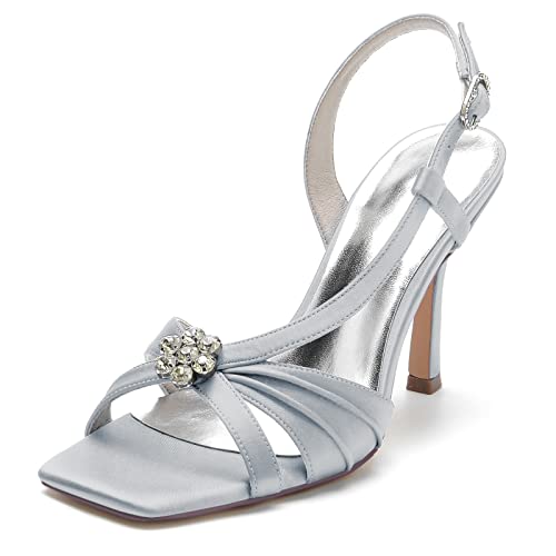 Gycdwjh Damen Open Zehenkappe Stiletto Quadratischer Zehenpartie mit Strass Satin 9.5cm Pumps Slingback Slip On Braut Hochzeits Sandalen,Silber,40 EU von Gycdwjh