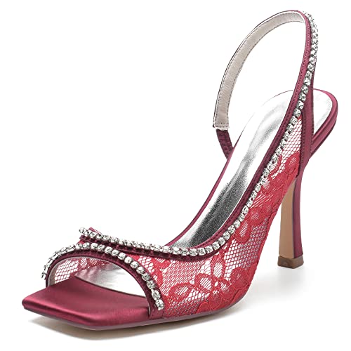 Gycdwjh Damen Open Zehenkappe Stiletto Quadratischer Zehenpartie mit Strass Spitzen Blume Pumps Slingback Slip On Braut Hochzeits Sandalen,Burgundy,38 EU von Gycdwjh