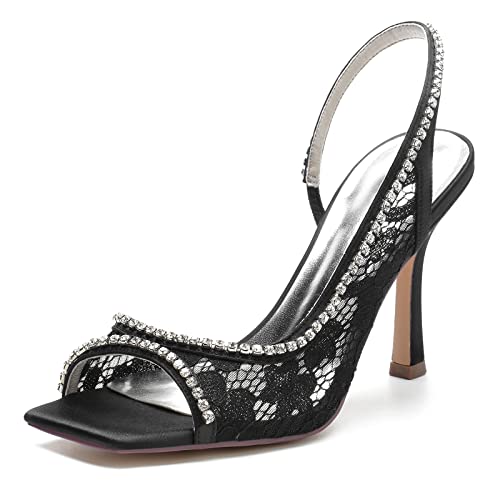 Gycdwjh Damen Open Zehenkappe Stiletto Quadratischer Zehenpartie mit Strass Spitzen Blume Pumps Slingback Slip On Braut Hochzeits Sandalen,Schwarz,43 EU von Gycdwjh