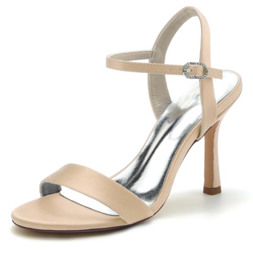 Gycdwjh Damen Sandalen mit Absatz Offene Spitze Brautschuhe Satin Stiletto High Heel 9.5cm Pumps Knöchelriemen Brautkleid Schuhe,Champagne,37 EU von Gycdwjh