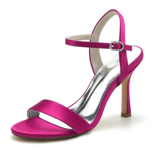 Gycdwjh Damen Sandalen mit Absatz Offene Spitze Brautschuhe Satin Stiletto High Heel 9.5cm Pumps Knöchelriemen Brautkleid Schuhe,Rose red,36 EU von Gycdwjh