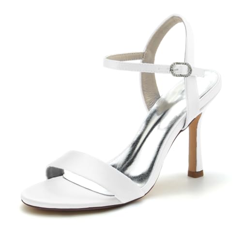 Gycdwjh Damen Sandalen mit Absatz Offene Spitze Brautschuhe Satin Stiletto High Heel 9.5cm Pumps Knöchelriemen Brautkleid Schuhe,Weiß,42 EU von Gycdwjh