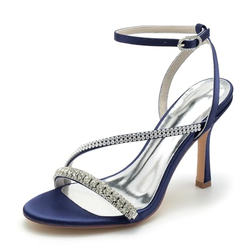 Gycdwjh Damen Sandalen mit Absatz Offene Spitze Brautschuhe Satin Stiletto High Heel 9.5cm Pumps Strasssteine Knöchelriemen Brautkleid Schuhe,Dark Blue,40 EU von Gycdwjh