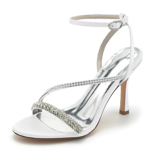 Gycdwjh Damen Sandalen mit Absatz Offene Spitze Brautschuhe Satin Stiletto High Heel 9.5cm Pumps Strasssteine Knöchelriemen Brautkleid Schuhe,Weiß,40 EU von Gycdwjh
