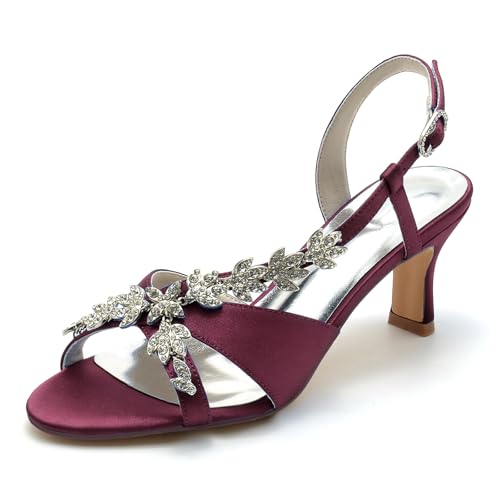 Gycdwjh Damen Sandalen mit Absatz Offene Spitze Brautschuhe Satin Stiletto High Heel Pumps Strasssteine Knöchelriemen Brautkleid Schuhe,Burgundy,38 EU von Gycdwjh
