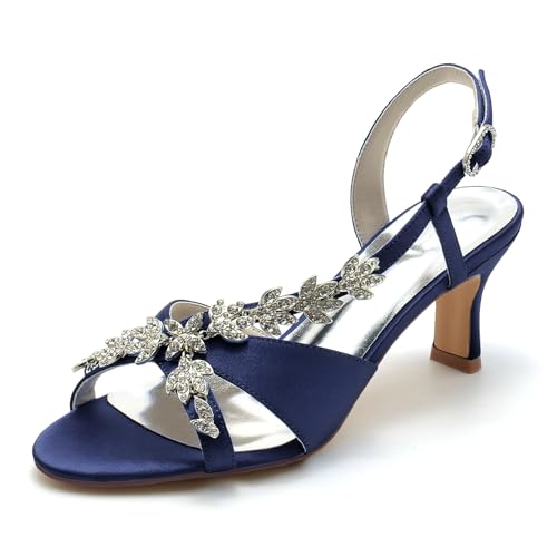 Gycdwjh Damen Sandalen mit Absatz Offene Spitze Brautschuhe Satin Stiletto High Heel Pumps Strasssteine Knöchelriemen Brautkleid Schuhe,Dark Blue,41 EU von Gycdwjh