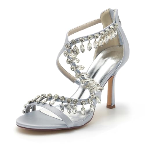 Gycdwjh Damen Sandalen mit Absatz Offene Spitze Brautschuhe Strasssteine Satin Stiletto High Heel Knöchelriemen Brautkleid Schuhe mit Reißverschluss,Silber,38 EU von Gycdwjh