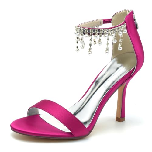 Gycdwjh Damen Sandalen mit Absatz Offene Spitze Kleid Hochhackige Schuhe Satin Perlen- und Strassquasten Knöchelriemen Party Hochzeitsschuhe,Rose red,37 EU von Gycdwjh