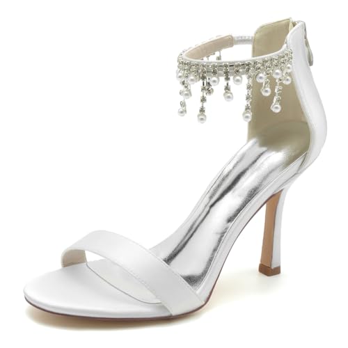 Gycdwjh Damen Sandalen mit Absatz Offene Spitze Kleid Hochhackige Schuhe Satin Perlen- und Strassquasten Knöchelriemen Party Hochzeitsschuhe,Weiß,38 EU von Gycdwjh