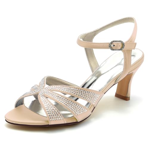 Gycdwjh Damen Satin Strasskätzchen Kätzchen Absätze Sandalen Peeptoe 6,5 cm Mittlerer Absatz Elegante Hochzeitsfeier Abend Shoes,Champagne,38 EU von Gycdwjh