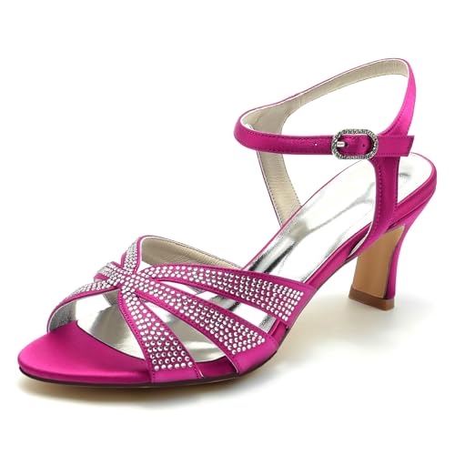 Gycdwjh Damen Satin Strasskätzchen Kätzchen Absätze Sandalen Peeptoe 6,5 cm Mittlerer Absatz Elegante Hochzeitsfeier Abend Shoes,Rose red,42 EU von Gycdwjh