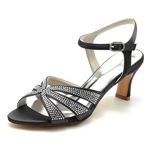 Gycdwjh Damen Satin Strasskätzchen Kätzchen Absätze Sandalen Peeptoe 6,5 cm Mittlerer Absatz Elegante Hochzeitsfeier Abend Shoes,Schwarz,43 EU von Gycdwjh