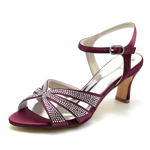Gycdwjh Damen Satin Strasskätzchen Kätzchen Absätze Sandalen Peeptoe 6,5 cm Mittlerer Absatz Elegante Hochzeitsfeier Abend Shoes,Wine red,37 EU von Gycdwjh