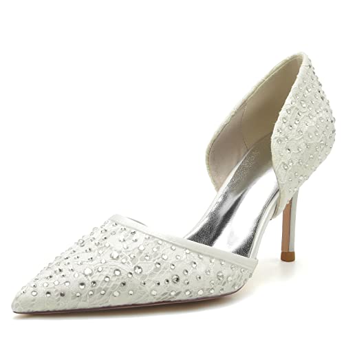 Gycdwjh Damen Slip On Spitze Zehen Stöckel Absatz Sandalen Spitze Strasssteine Satin Braut Pumps Strasssteine Abschlussball Schuhe,Elfenbein,39 EU von Gycdwjh