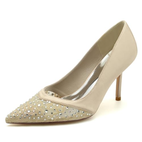 Gycdwjh Damen Slip On Spitze Zehen Stöckel Absatz Sandalen Spitze Strasssteine Satin Braut Pumps Strasssteine Abschlussball Schuhe 8.5cm,Champagne,38 EU von Gycdwjh