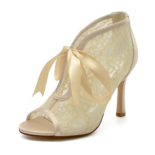 Gycdwjh Damen Spitze Bindegürtel Slip-on Sandalen Runde Party Kleid Schuhe Peeptoe Brautschuhe Pfennig Hoher Absatz Hochzeit Pumpe,Champagne,37 EU von Gycdwjh