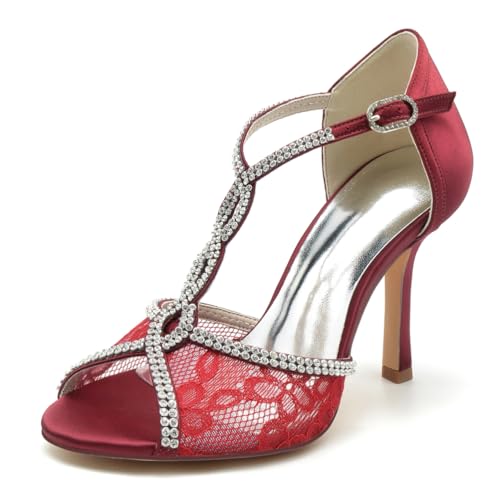 Gycdwjh Damen Spitzen Blume Strasssteine Kreuz Riemen Sandalen Party Kleid Schuhe Peeptoe Brautschuhe Pfennig Hoher Absatz Hochzeit Pumpe 9.5cm,Burgundy,41 EU von Gycdwjh