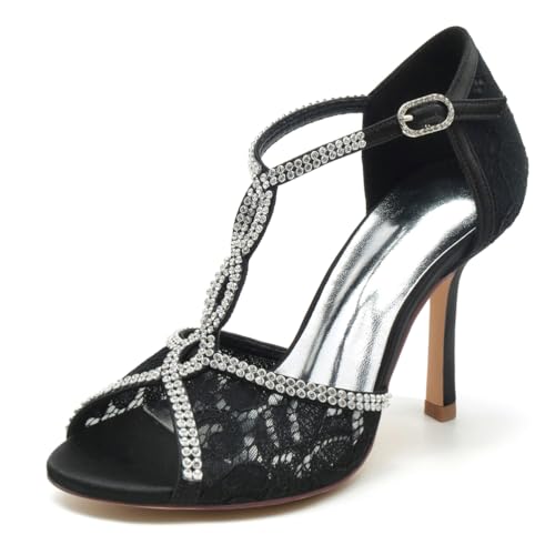 Gycdwjh Damen Spitzen Blume Strasssteine Kreuz Riemen Sandalen Party Kleid Schuhe Peeptoe Brautschuhe Pfennig Hoher Absatz Hochzeit Pumpe 9.5cm,Schwarz,38 EU von Gycdwjh