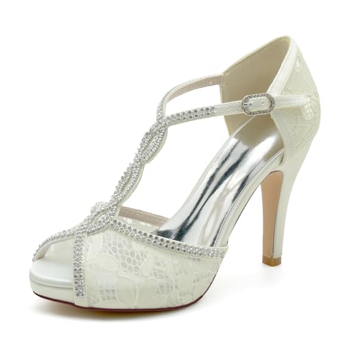 Gycdwjh Damen Spitzen Strasssteine T-Riemen-Fußriemchen Sandalen Party Kleid Schuhe Peeptoe Brautschuhe Pfennig Hoher Absatz Hochzeit Pumpe,Elfenbein,39 EU von Gycdwjh