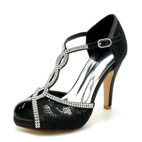 Gycdwjh Damen Spitzen Strasssteine T-Riemen-Fußriemchen Sandalen Party Kleid Schuhe Peeptoe Brautschuhe Pfennig Hoher Absatz Hochzeit Pumpe,Schwarz,41 EU von Gycdwjh