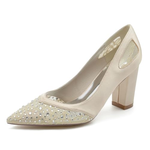 Gycdwjh Damen Spitzschuh Bequeme 8.5 cm Blockabsatz Slip Auf Satin Hochzeitsschuhe Mit Strass Slip On Kleid Partei Gericht Schuhe,Champagne,39 EU von Gycdwjh