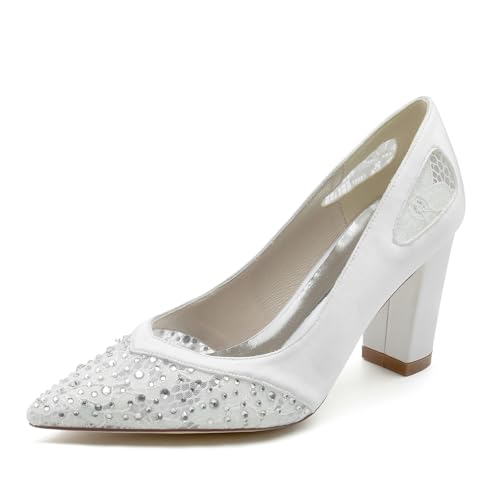 Gycdwjh Damen Spitzschuh Bequeme 8.5 cm Blockabsatz Slip Auf Satin Hochzeitsschuhe Mit Strass Slip On Kleid Partei Gericht Schuhe,Weiß,42 EU von Gycdwjh