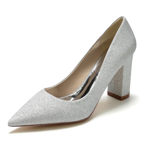Gycdwjh Damen Spitzschuh Bequeme 8.5 cm Blockabsatz Slip Auf Streugut Hochzeitsschuhe Slip On Kleid Partei Gericht Schuhe,Silber,37 EU von Gycdwjh