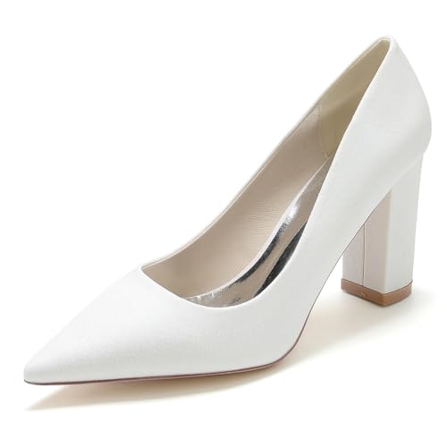 Gycdwjh Damen Spitzschuh Bequeme 8.5 cm Blockabsatz Slip Auf Streugut Hochzeitsschuhe Slip On Kleid Partei Gericht Schuhe,Weiß,37 EU von Gycdwjh