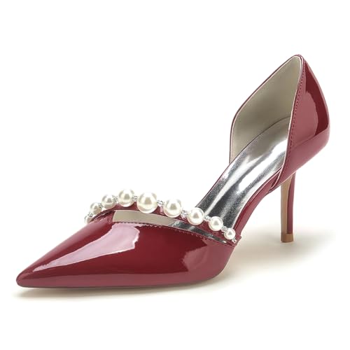 Gycdwjh Elegant Absätze für Frauen Geschlossenes Patent Leather Pumps Stiletto High Heels Pull-on Perle Spitze Zehen Abschlussball,Burgundy,41 EU von Gycdwjh