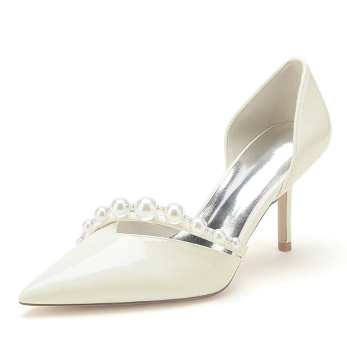 Gycdwjh Elegant Absätze für Frauen Geschlossenes Patent Leather Pumps Stiletto High Heels Pull-on Perle Spitze Zehen Abschlussball,Off White,35 EU von Gycdwjh