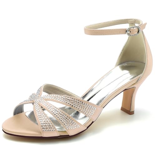 Gycdwjh Elegante Hochzeitsfeier Abend Shoes 6,5 cm Mittlerer Absatz Damen Satin Strasskätzchen Kätzchen Absätze Sandalen Peeptoe,Champagne,41 EU von Gycdwjh